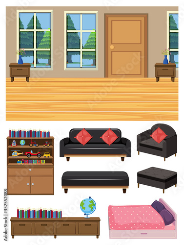 Background scene of living room and set of furnitures on white background