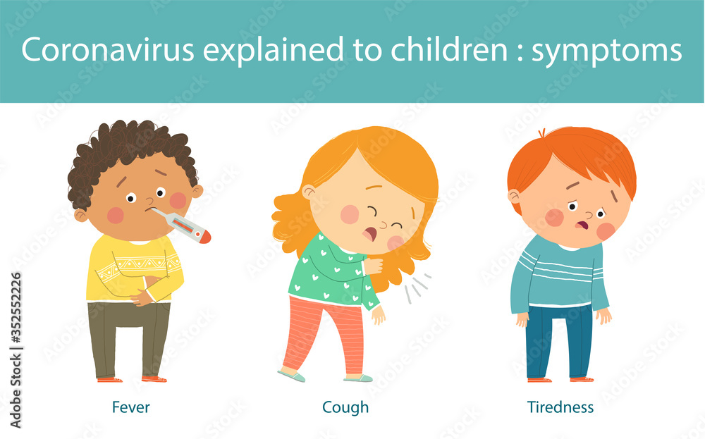 Covid19 symptoms explained to kids. Fever, cough, tiredness. Cute boys