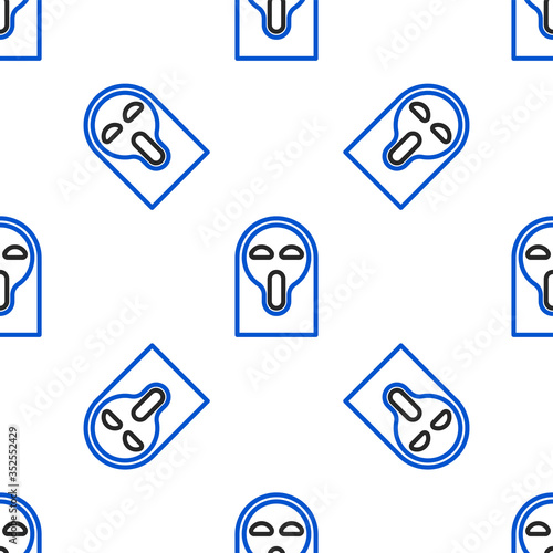 Line Funny and scary ghost mask for Halloween icon isolated seamless pattern on white background. Happy Halloween party. Colorful outline concept. Vector.