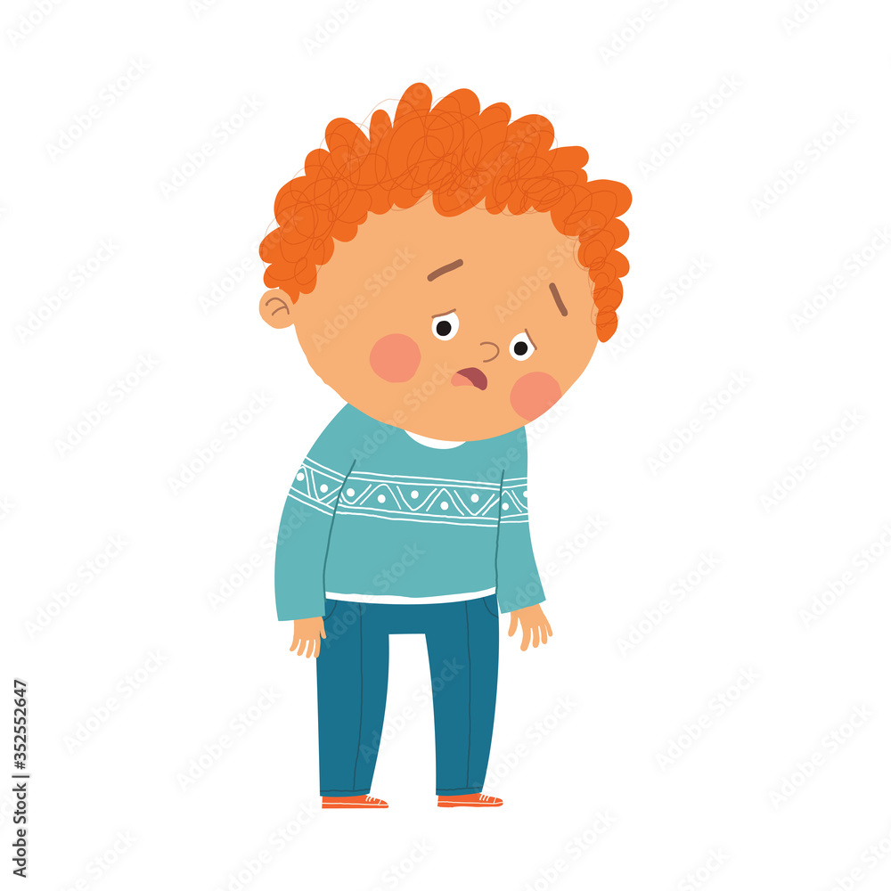 Cute little boy exhausted. Tired kid. Cartoon vector hand drawn eps 10 illustration isolated on white background in a flat style.