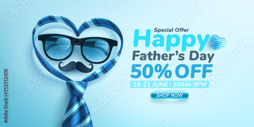 Father's Day Sale poster or banner template with glasses and heart shape by necktie on blue background.Greetings and presents for Father's Day.Promotion and shopping template for love dad