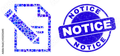 Geometric edit text page mosaic pictogram and Notice seal. Blue vector round textured seal stamp with Notice text. Abstract mosaic of edit text page made of circle, tringle, square geometric spots.