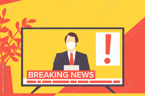Breaking news reader anchorman in white medical mask during coronavirus COVID-19 pandemic. Media, journalism, press vector illustration.