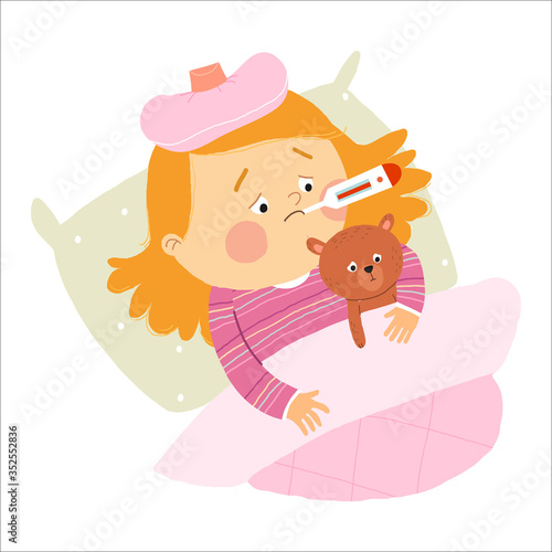 Little Caucasian girl ill in bed with thermometer and hugging teddy bear. Cartoon vector hand drawn eps 10 illustration isolated on white background in a flat style.