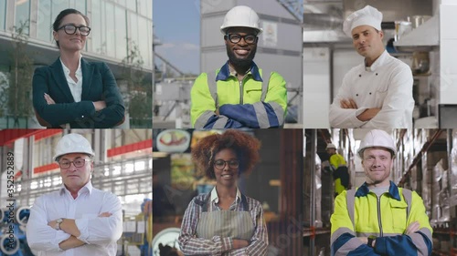 Portraits of people with crossed hands doing different jobs smiling at camera photo