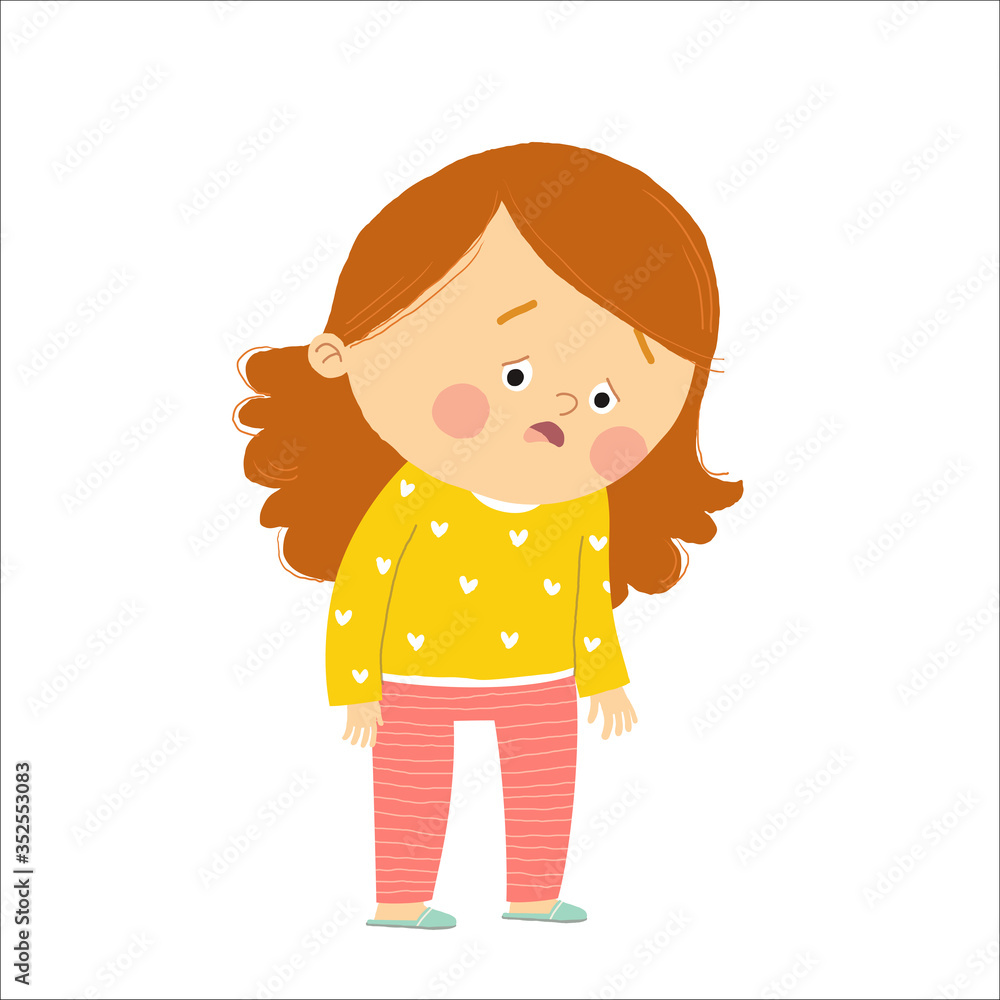 Cute little girl exhausted. Tired kid. Cartoon vector hand drawn eps 10 illustration isolated on white background in a flat style. Cute little girl exhausted. Tired kid. Cartoon vector hand drawn eps 10 illustration isolated on white background in a flat style.