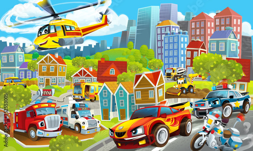 cartoon happy and funny scene of the middle of a city with cars driving by and planes flying illustration © honeyflavour