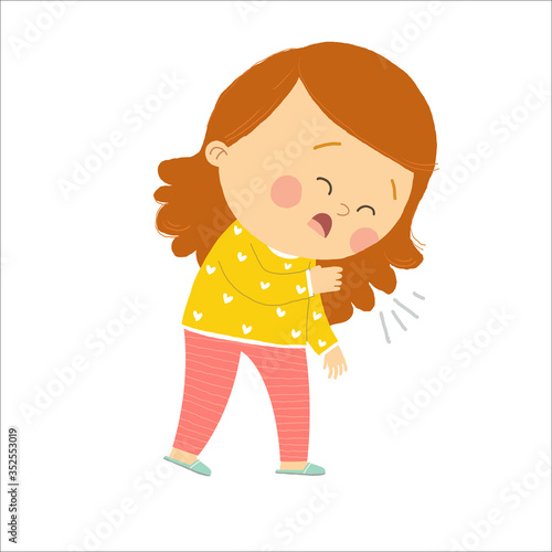 Little girl coughing. Cartoon vector hand drawn eps 10 illustration isolated on white background in a flat style.