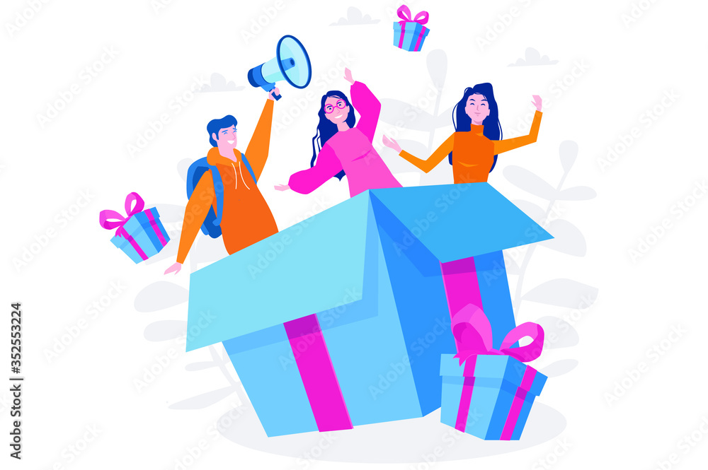 Friends made a surprise, Vector illustration for web banner, infographics, mobile. people jump out of the gift box. Birthday concept Friends made a surprise, Vector illustration for web banner, infographics, mobile. people jump out of the gift box. Birthday concept