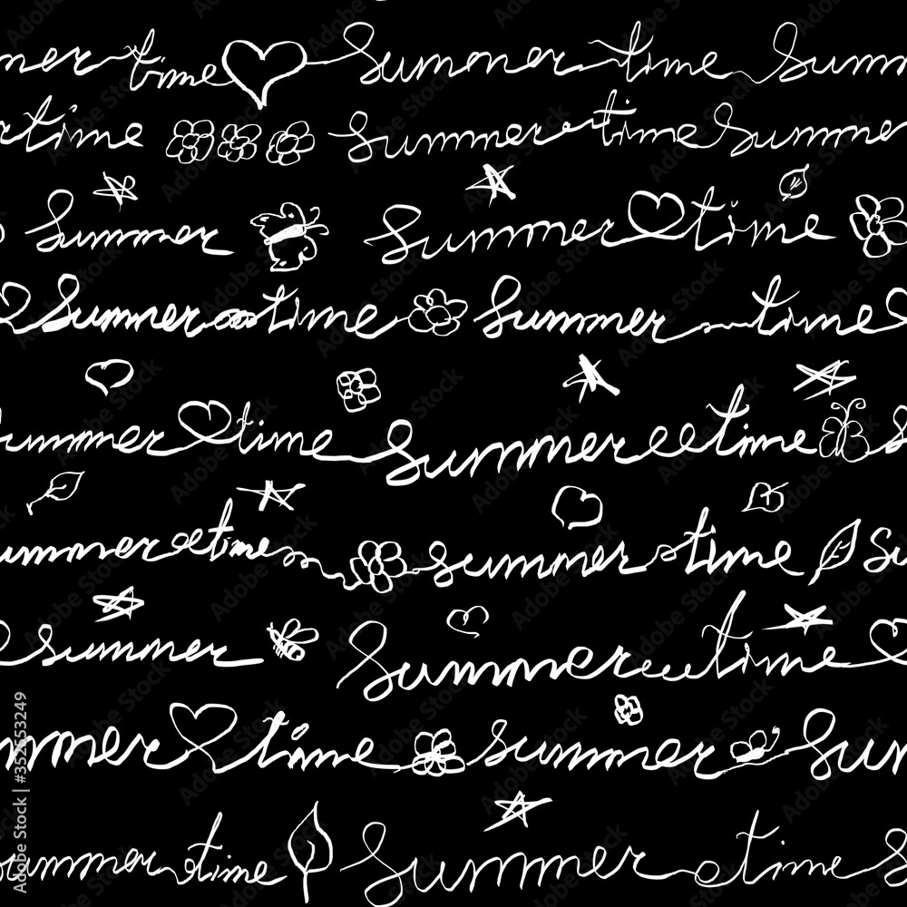 Summer time white handwritten letters with cute elements on black background. Seamlrss black and white pattern for wrapping paper, textile, packageing Summer time white handwritten letters with cute elements on black background. Seamlrss black and white pattern for wrapping paper, textile, packageing