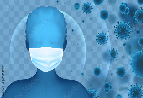 3D female portrait in a medical mask against the background of bacteria, viruses, spores and dust.