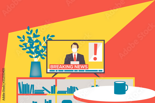 Breaking news reader anchorman in white medical mask during coronavirus COVID-19 pandemic. Media, journalism, press vector illustration.
