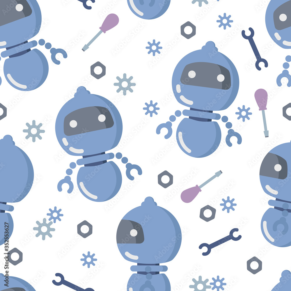 Seamless pattern with a blue robot on a background with tools: a ...