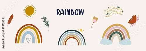 Cute colorful rainbows set in boho style. Childish flat vector illustration. Clouds, stars, flowers, sun isolated on white background. T-shirt print design element, logo, sticker, postcard, invitation