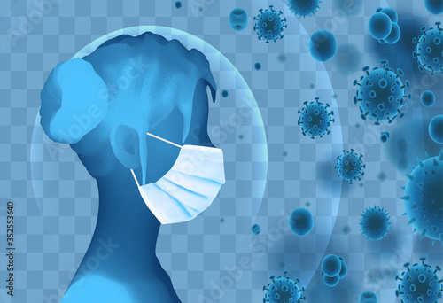 3D female portrait in a medical mask against the background of bacteria, viruses, spores and dust.