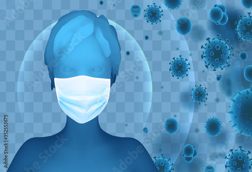 3D female portrait in a medical mask against the background of bacteria, viruses, spores and dust.