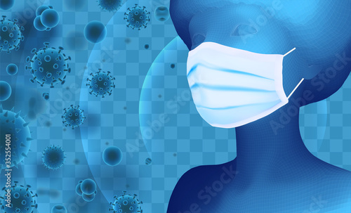 3D female portrait in a medical mask against the background of bacteria, viruses, spores and dust.