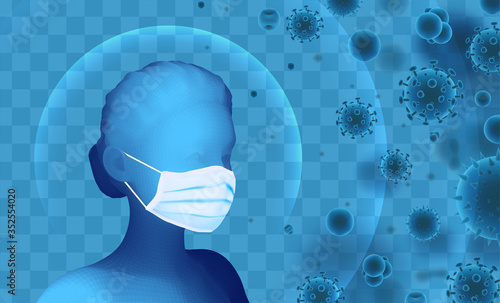 3D female portrait in a medical mask against the background of bacteria, viruses, spores and dust.