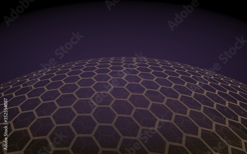 Multilayer sphere of honeycombs  purple on a dark background  social network  computer network  technology  global network. 3D illustration