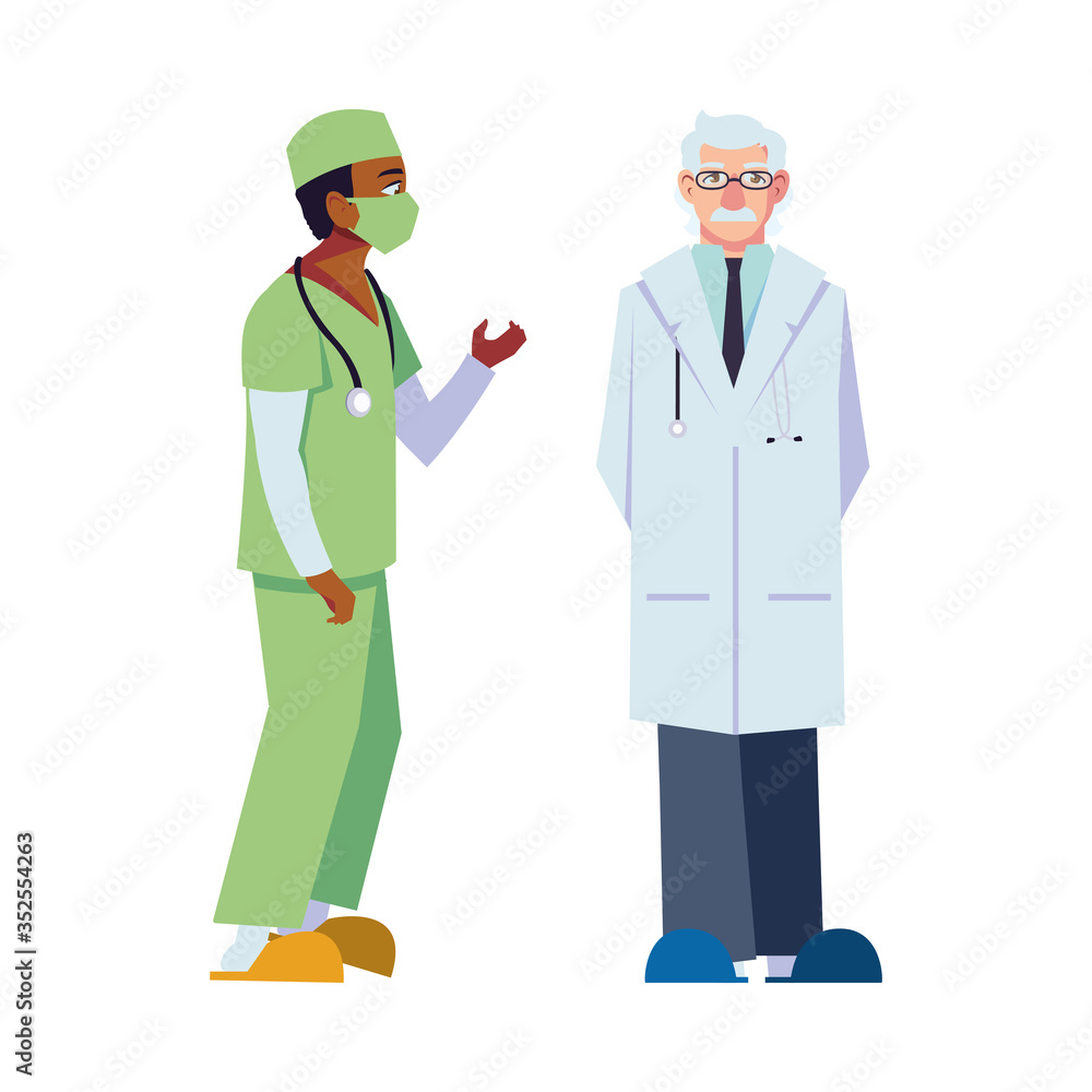 Men doctors with uniforms and mask vector design Men doctors with uniforms and mask vector design