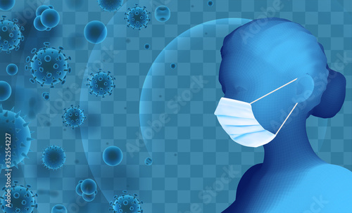 3D female portrait in a medical mask against the background of bacteria, viruses, spores and dust.