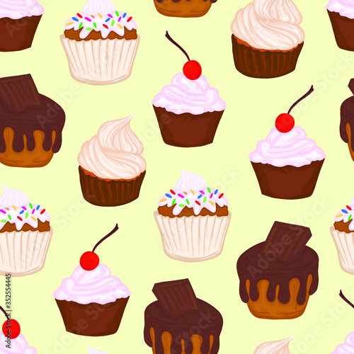 pattern set of muffin cupcakes with chocolate icing cream cherry sweets dessert confectionery delicacy background vector wallpaper seamless banner holiday element baking
