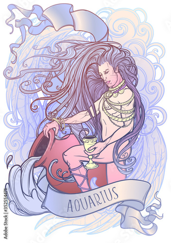 Zodiac sign of Aquarius, element of Air. Intricate linear drawing isolated on white background. Soft pastel celestial palette. A4 vertical format. EPS10 vector illustration.