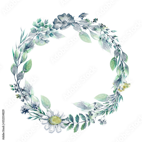 Beautiful wreath of hand drawn watercolor herbs and wildflowers.