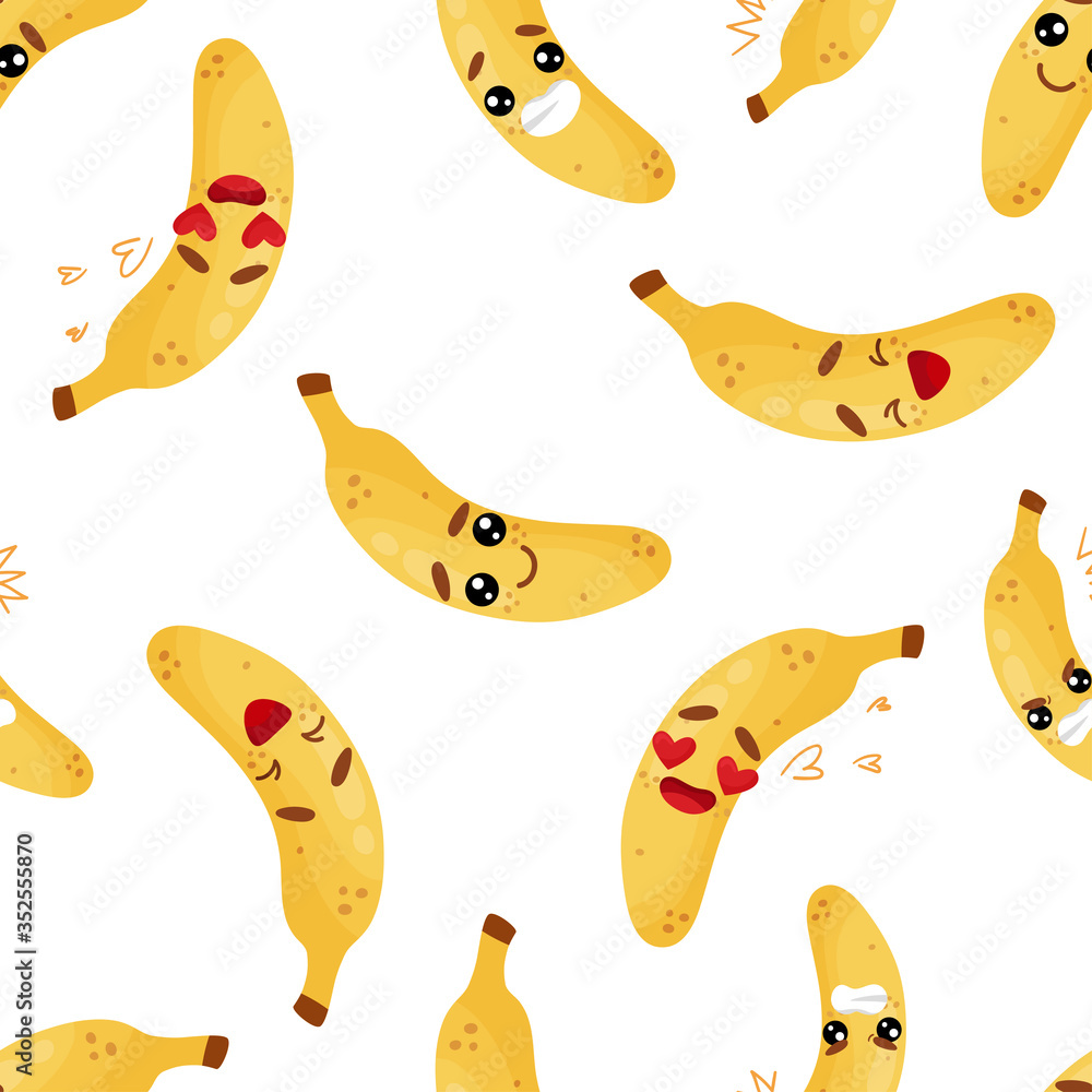 Seamless pattern emoji banana emoticons with different emotions, smile, laugh, anger, cry, love. Isolated vector illustration with different character.