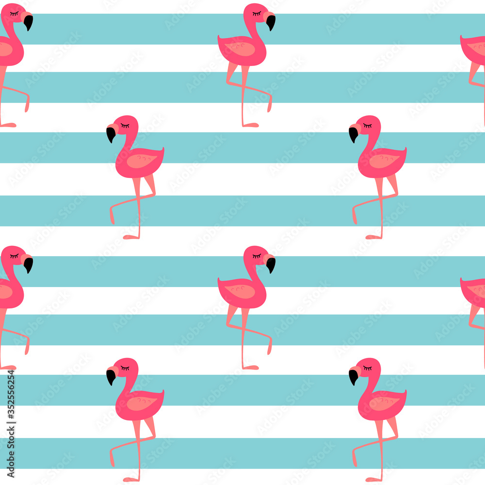 Seamless pattern with cute cartoon flamingo and stripes. Flat vector illustration. Seamless pattern with cute cartoon flamingo and stripes. Flat vector illustration.