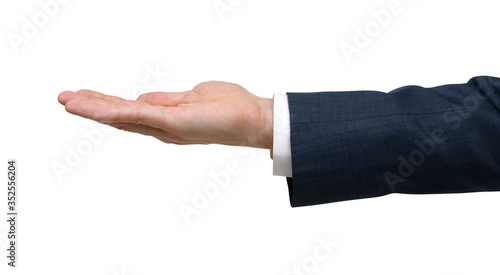 Businessman holding hand out in presentation on white