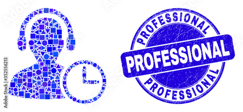 Geometric operator time mosaic icon and Professional stamp. Blue vector round grunge seal stamp with Professional message. Abstract composition of operator time done of round, triangles,