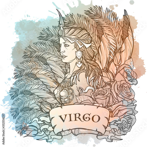 Zodiac sign of Virgo, element of Earth. Intricate linear drawing on watercolor textured background. Roses decorative garland. Square format. EPS10 vector illustration.