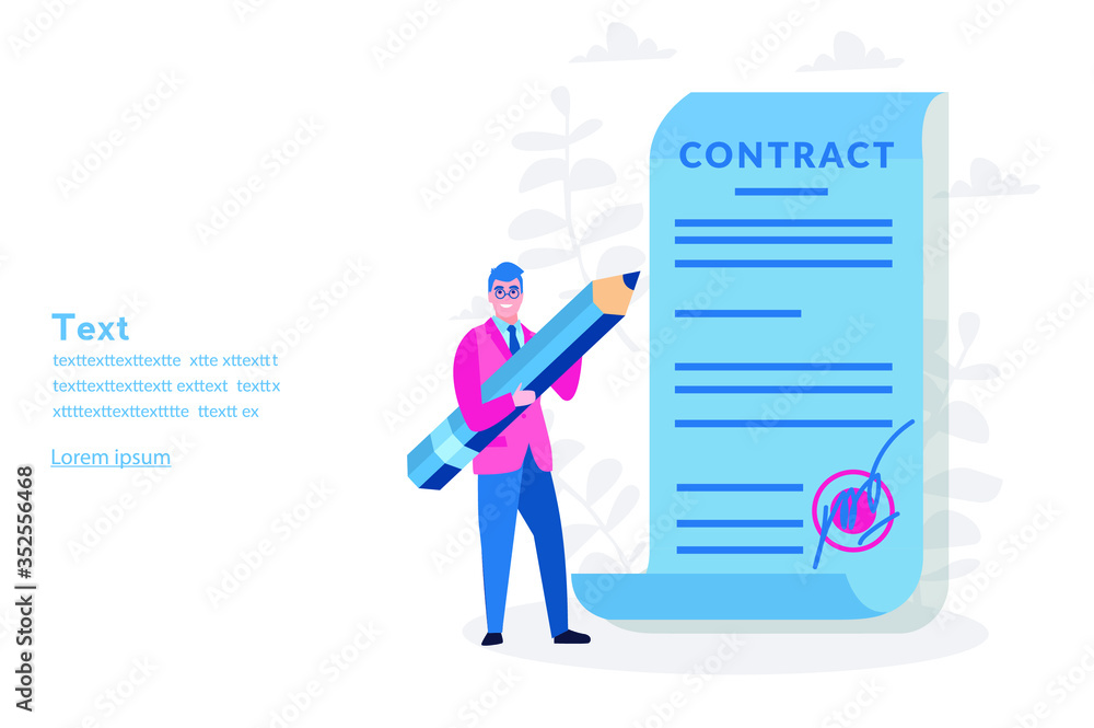 Contract, businessman with pencil, Vector illustration for web banner, infographics, mobile. Contract, businessman with pencil, Vector illustration for web banner, infographics, mobile.