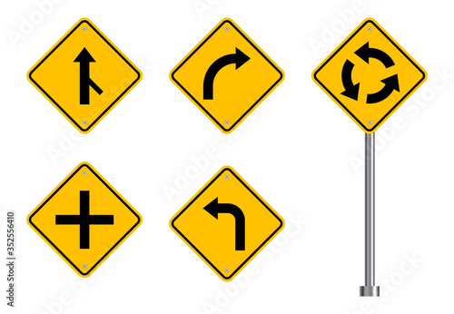 Traffic road sign set, street signs, yellow isolated on white background, vector illustration.