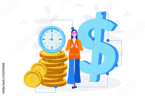 Woman save time, make money,  dollar coin, Vector illustration for web banner, infographics, mobile. Time is money