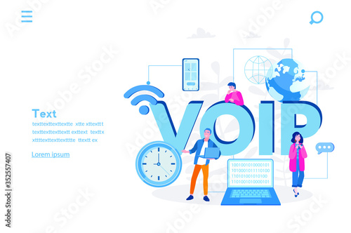 VOIP. Voice over IP or internet protocol technology. Vector illustration for web banner, infographics, mobile. Network phone call software. 