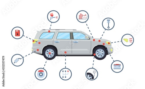 Car service concept. Automobile maintenance repair. Car diagnostics. Vector illustration.