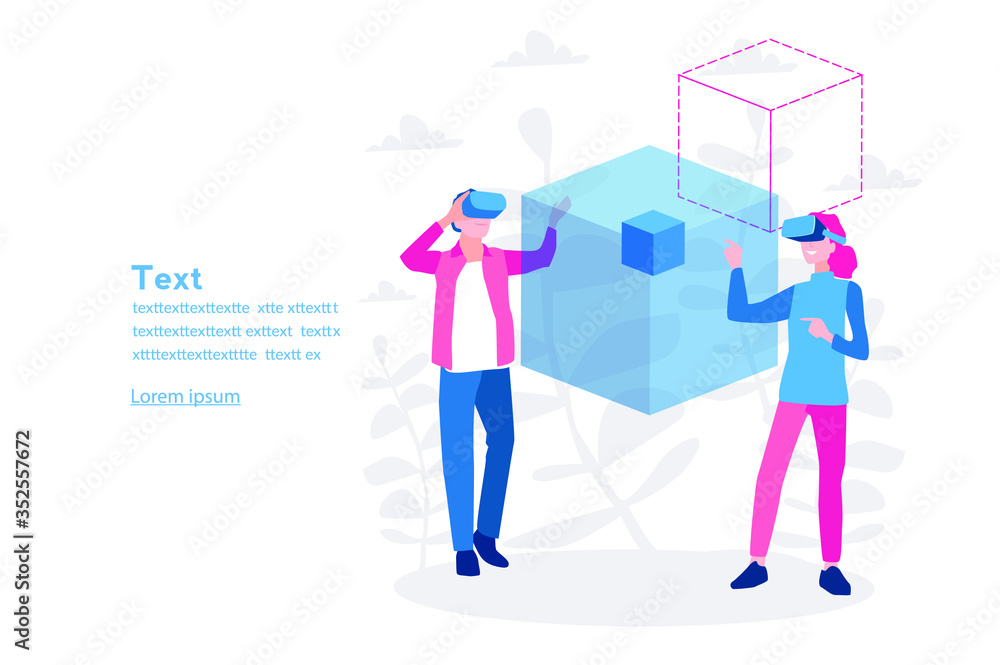 Man and woman wearing virtual reality headset and looking at abstract VR world. Vector illustration for web banner, infographics, mobile . Virtual augmented reality glasses. Man and woman wearing virtual reality headset and looking at abstract VR world. Vector illustration for web banner, infographics, mobile . Virtual augmented reality glasses.