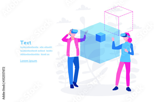 Man and woman wearing virtual reality headset and looking at abstract VR world. Vector illustration for web banner, infographics, mobile . Virtual augmented reality glasses.