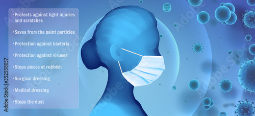 3D female portrait in a medical mask against the background of bacteria, viruses, spores and dust.