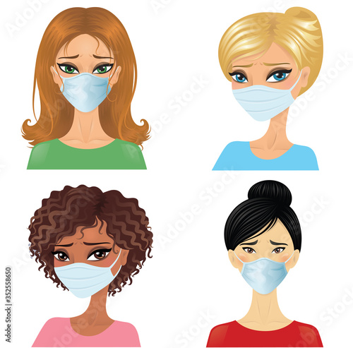 Set of different race women with mask. Isolated on mask. 