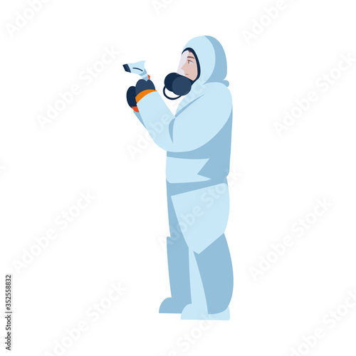 Doctor with protective suit and thermometer gun vector design