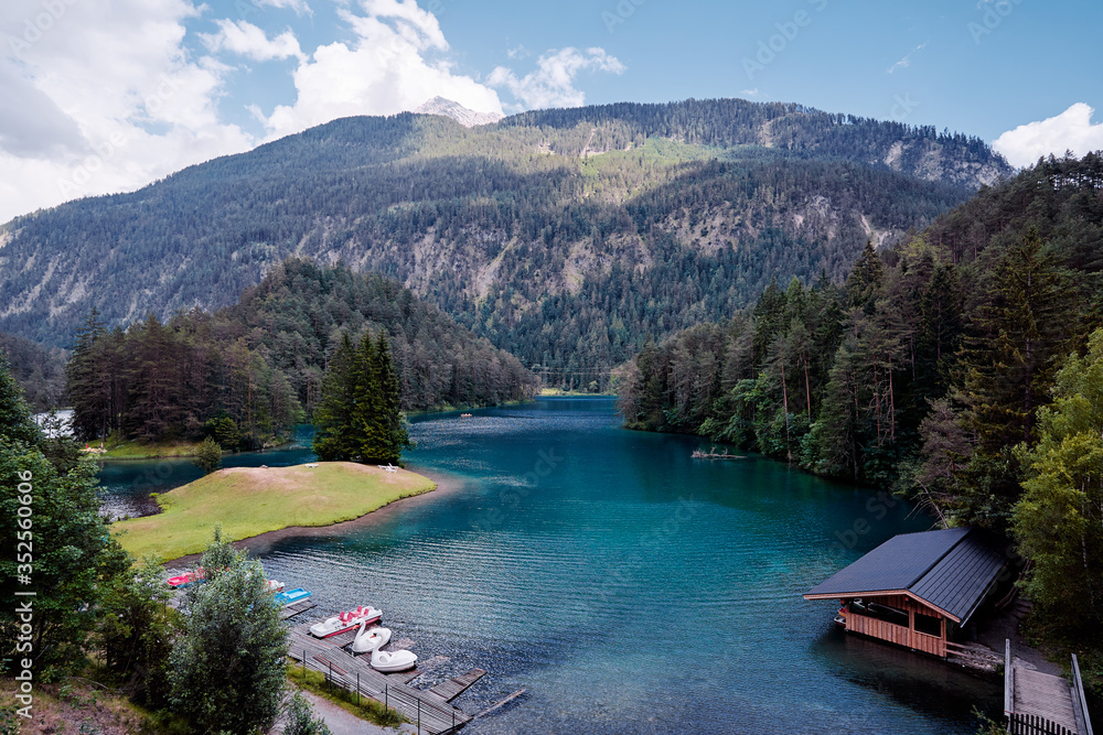 Beautiful summer mountains landscape. Fernsteinsee Scenic Tyrol Lake in Western Austria, Europe.