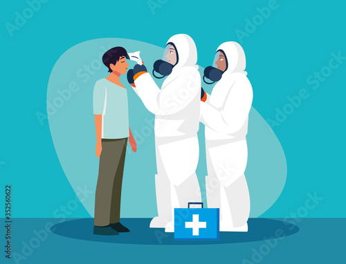 Doctors checking man temperature vector design