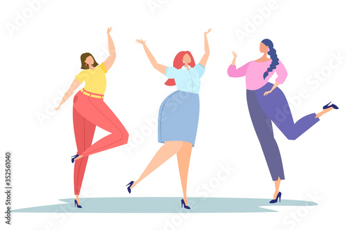 Happy dancing women. Office workers. Body positive.