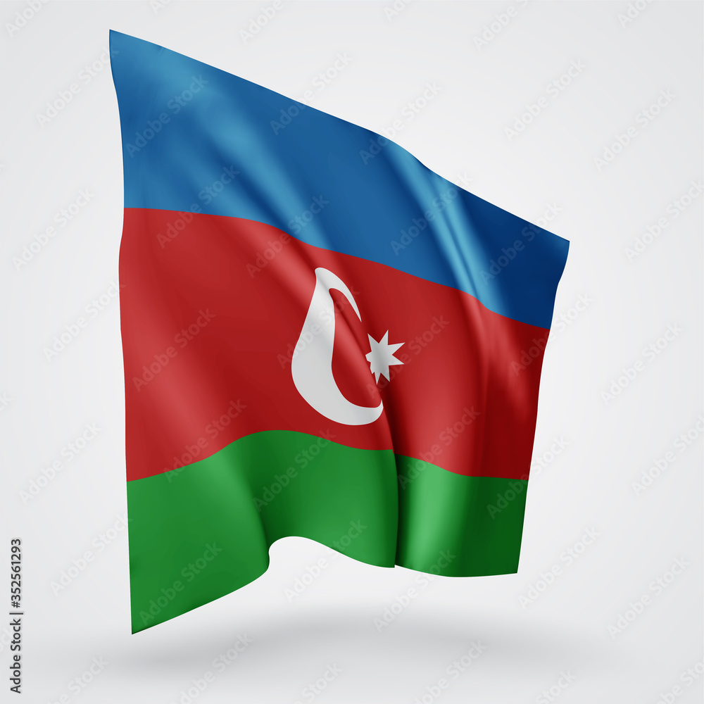 Azerbaijan, vector flag with waves and bends waving in the wind on a white background.