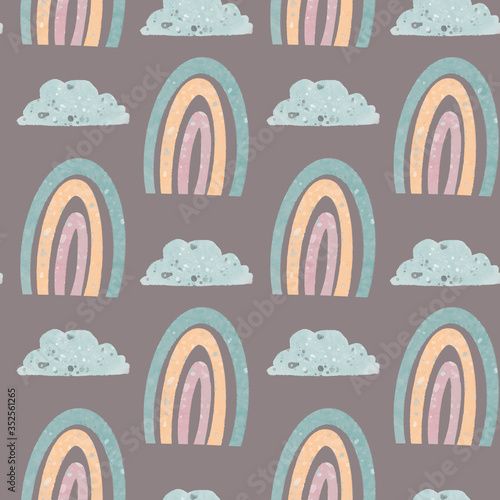Cute minimalistic scandinavian square seamless pattern with rainbow and sky. Watercolor digital art on a gray background. The print for a nursery, cards, invitations, posters, cards