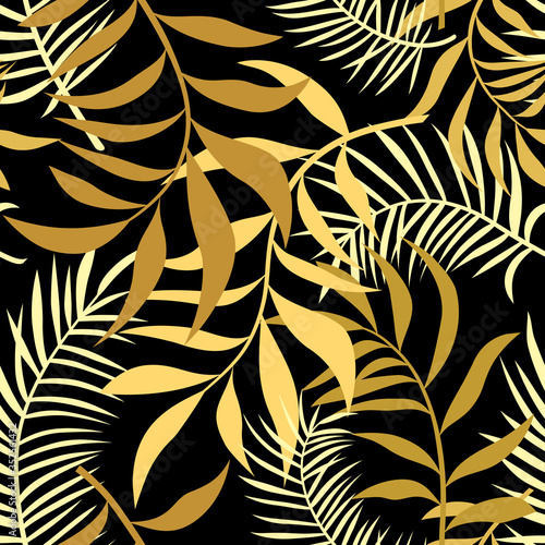 Abstract golden tropical leaves seamless pattern.