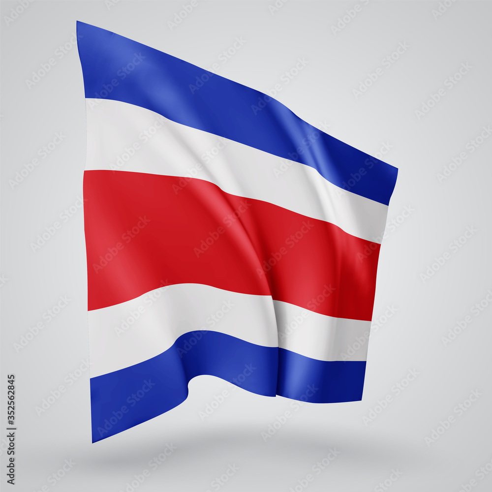Fototapeta premium Costa Rica, vector flag with waves and bends waving in the wind on a white background.